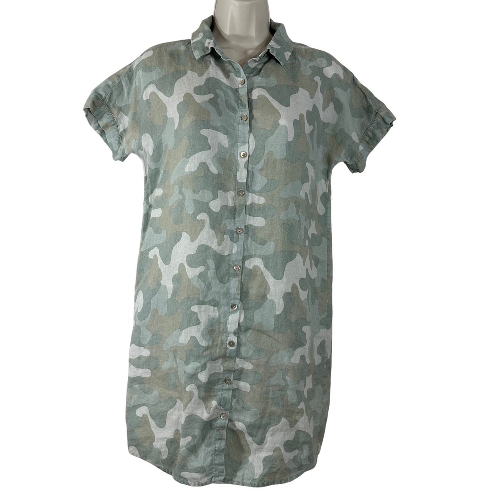 C&C California Womens XS Linen Camo Shirt‎ Dress Short Sleeve Button Front Green